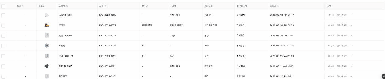 시설 관리 실제 화면, AHU-3 공조기 필터 교체 EHP-12 실외기 소음 점검 냉각탑 정기점검