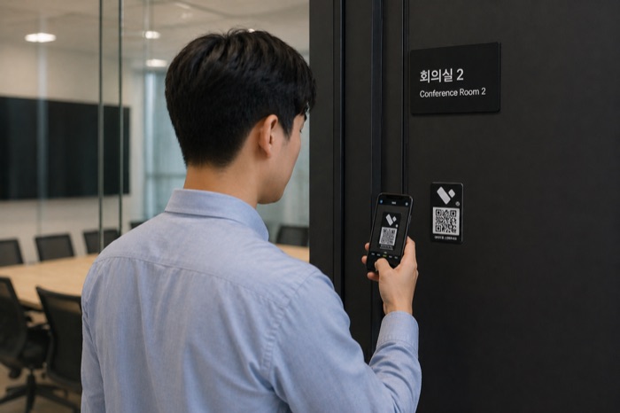 회의실 문 옆 공간 태그를 스캔하는 모습